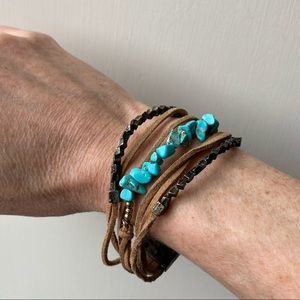Boho Turquoise, Gold/Brass, and Leather Bracelet, Magnetic Closure